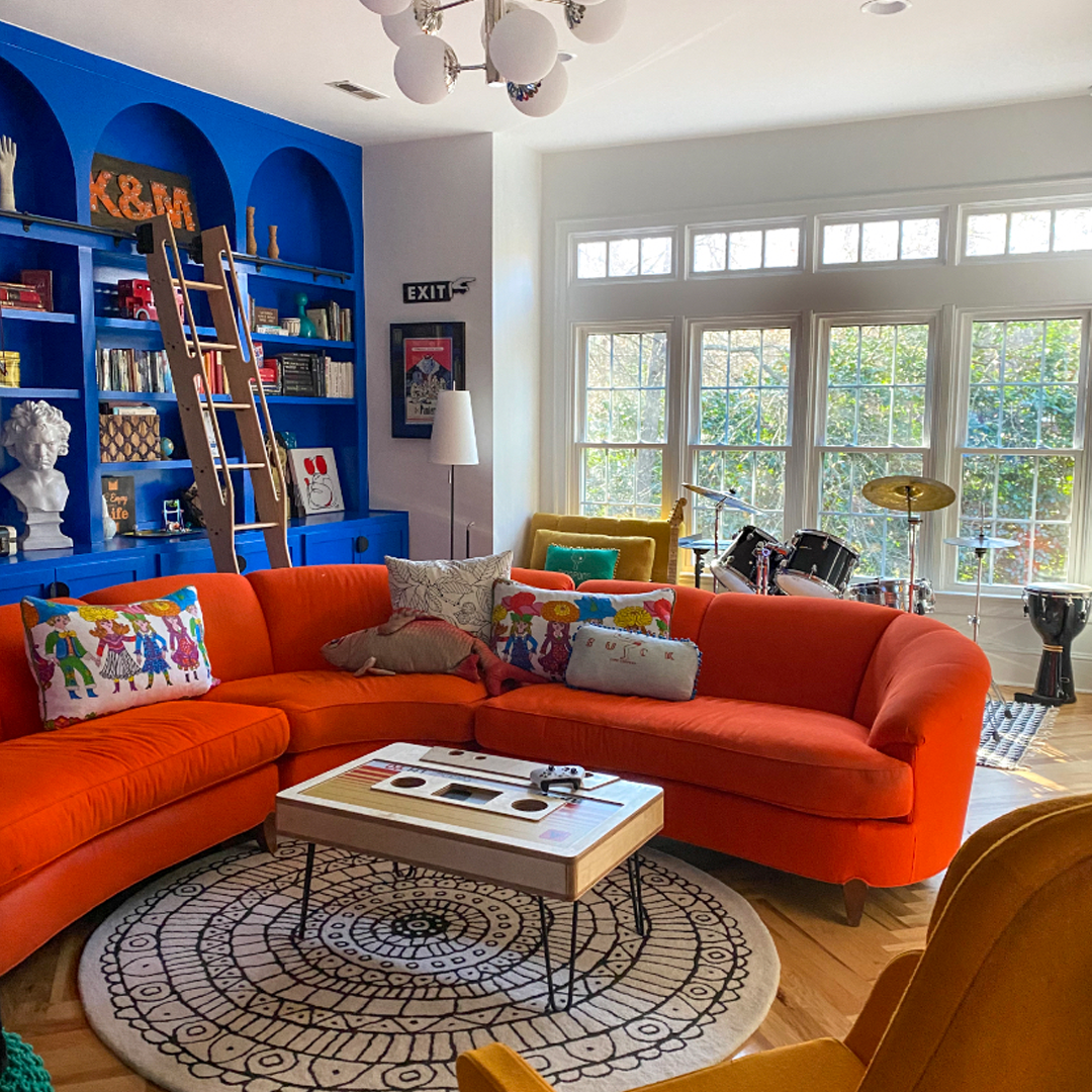 A living room with large windows