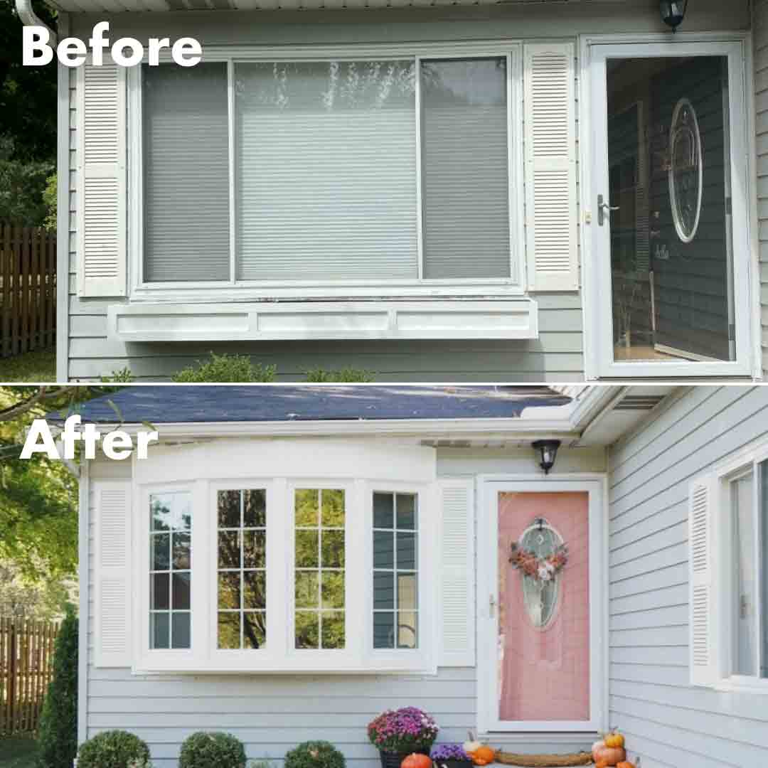 Before and after picture of a bow window